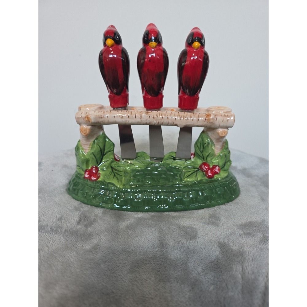 Temptations by Tara Cardinal Bird Cheese Spreader Knife Set w/ Holder Christmas